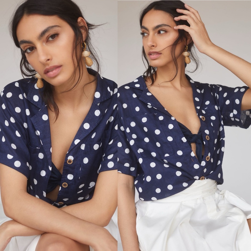 Anthropologie Maeve Women Buttondown Surf Linen Navy Dot Shirt Top Sz XS